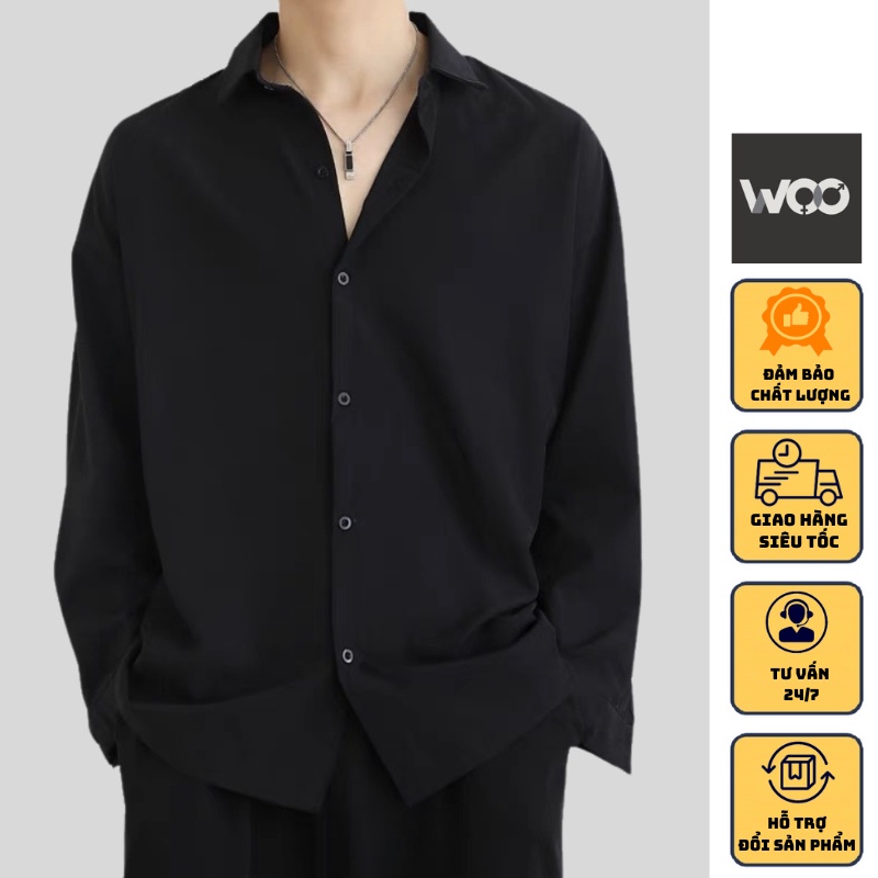 Áo sơ mi nam nữ dài tay WoO Unisex Basic TRƠN Form rộng màu trắng và đen Chất cotton lụa mịn mát Bigsize