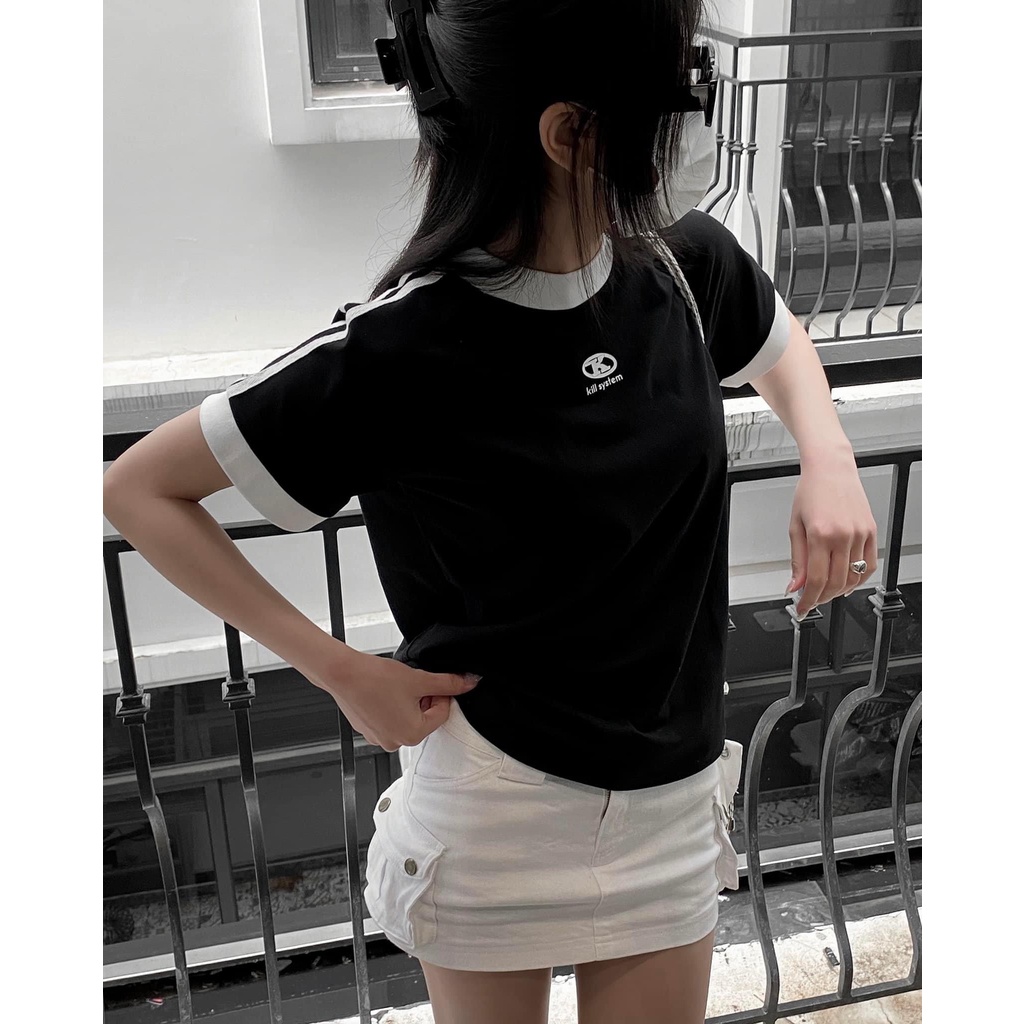 Áo thun baby tee form fit chữ K Pika.clothingg, Áo phông baby tee sọc đen trắng mẫu mới 2023