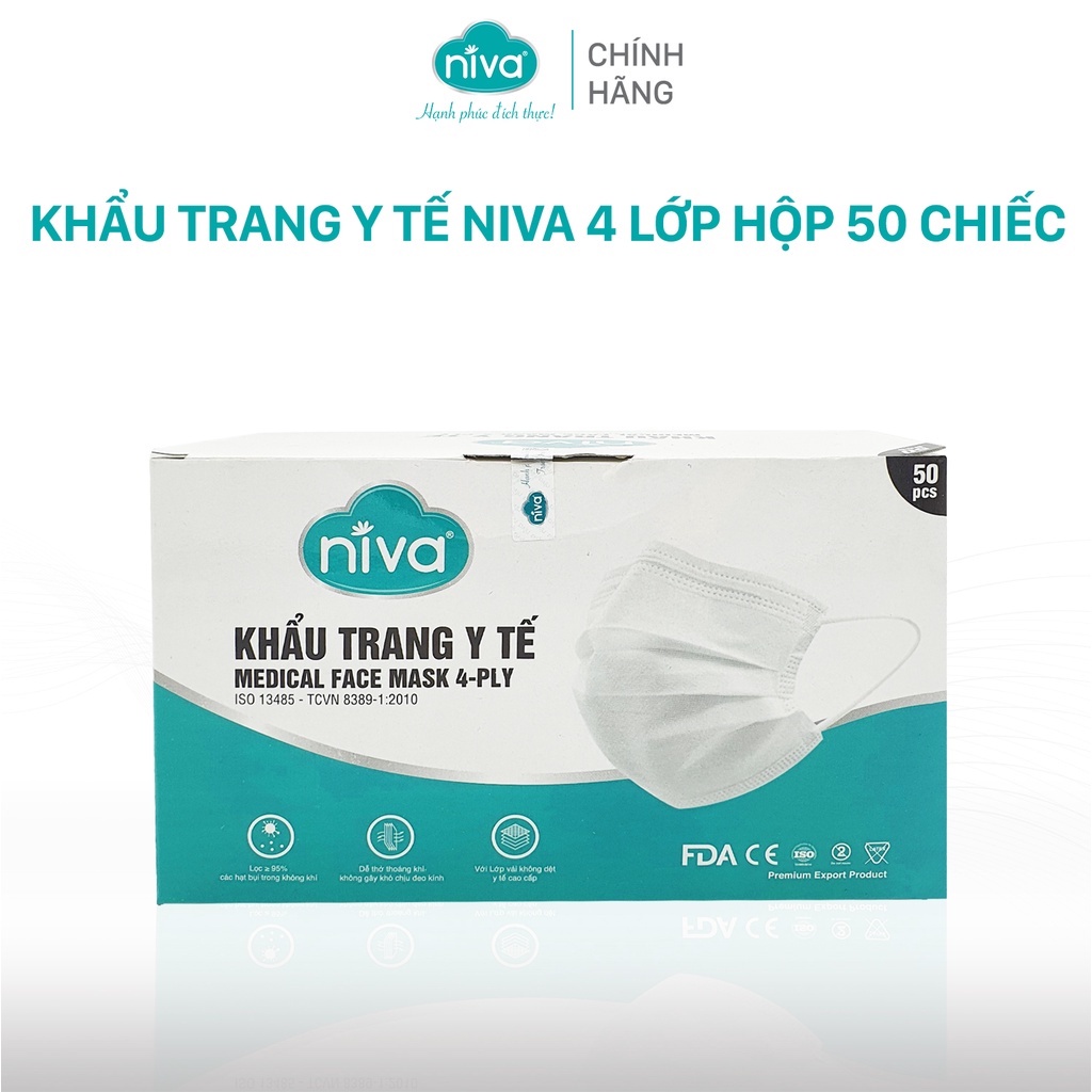 Combo siêu tiết kiệm:5 hộp khẩu trang y tế Niva 4 lớp kháng khuẩn hộp 50c