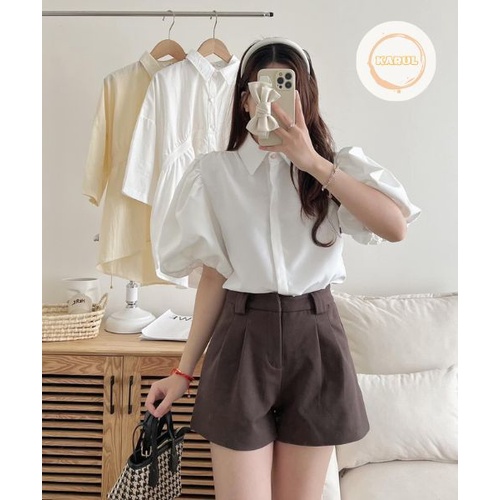 Áo sơ mi kiểu cổ đức phối khuy ngọc tay bồng xinh xắn