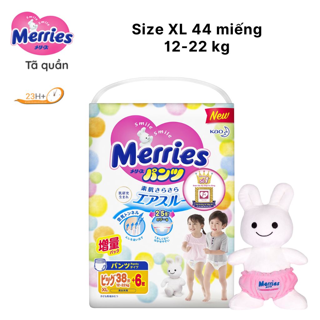 Tã/ bỉm dán Merries cộng miếng, Tã/ quần dán nội địa Nhật size XL 38+6 (cho bé 12-22 kg)