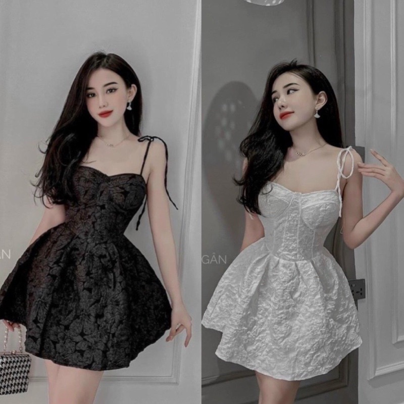 Đầm Xoè Gấm Xốp Cúp Ngực Hai Dây Cột Nơ Vai - Có Mút - Dáng Ngắn Form Ôm Body Sexy - Tiểu Thư Bánh Bèo Cute Sang Chảnh