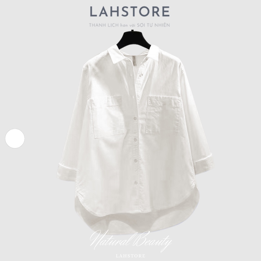 Áo sơ mi nữ form rộng LAHSTORE vải cotton thô màu trắng cổ đức kiểu dáng basic phong cách công sở Hàn Quốc