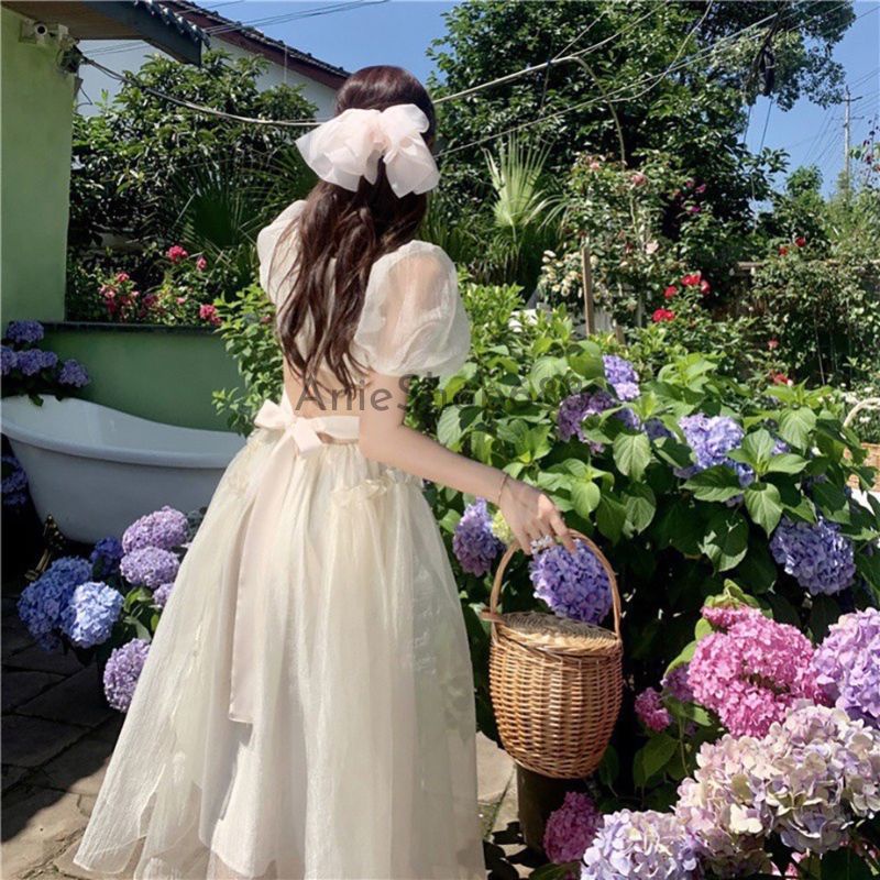 Đầm voan tơ cổ vuông nơ lưng ,váy công chúa cổ vuông tay bồng dáng dà ,maxi tay bồng bèo tầng ulzzang hàn quốc ANIESHOP