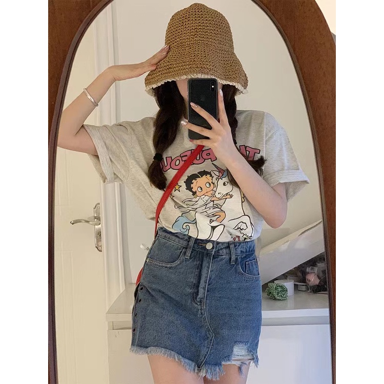 🧡GGLOCAL🧡Áo Thun Tay Ngắn Dáng Rộng In Họa Tiết Hoạt Hình Phong Cách Điển Thời Trang Cho Nữ