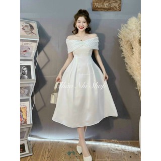 Đầm thời trang thời thượng mặc đi chơi - đầm xòe trễ vai màu trắng thanh lịch - chất tapta phối xộ ngực tay ngắn váy xòe