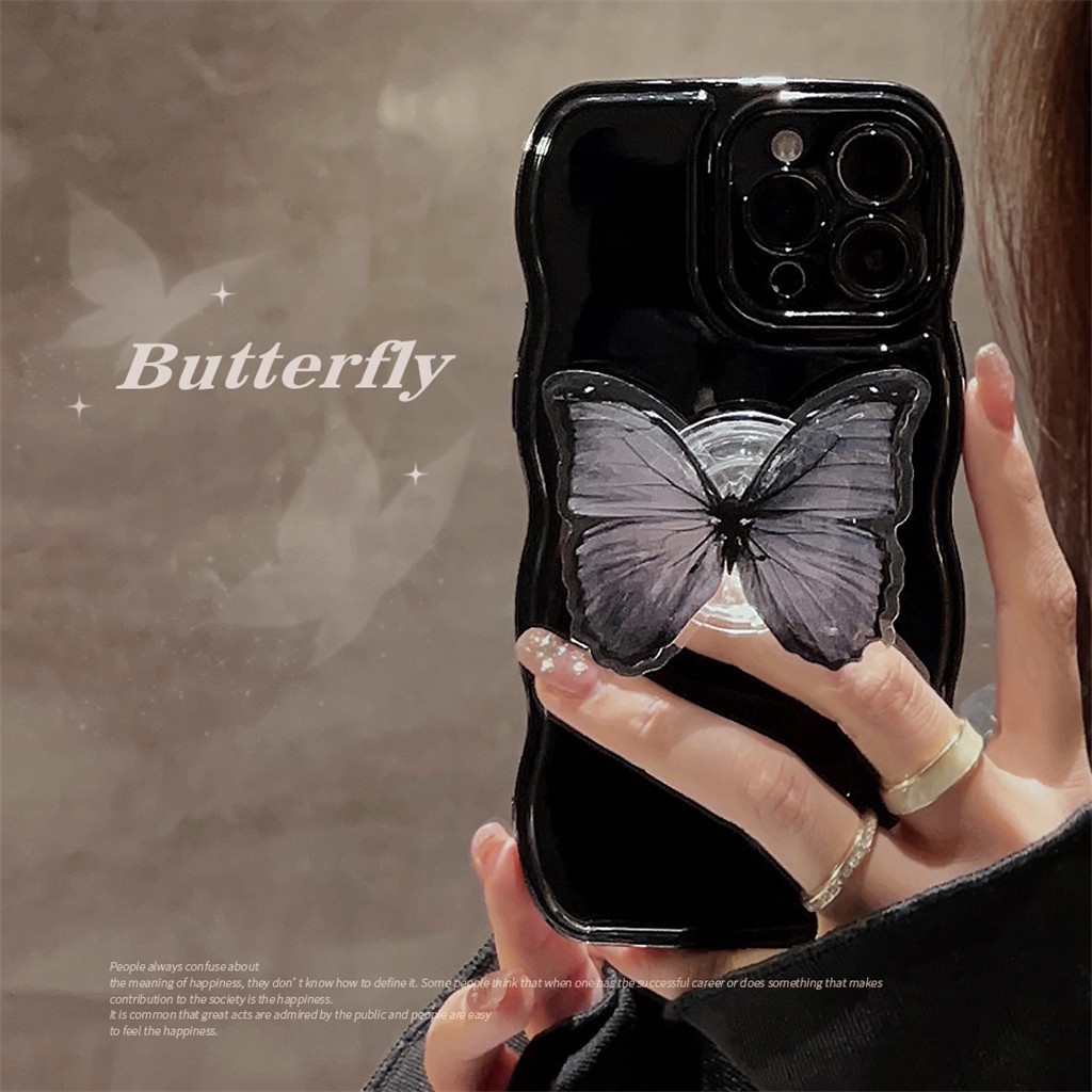 Ốp Điện Thoại TPU Mềm Màu Đen + Giá Đỡ Hình Bướm Cho iphone Case 14 Pro Max 13 Pro Max 12 Pro Max