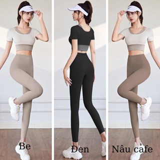 [Đệm ngực may liền] Đồ tập gym nữ | bộ tập gym yoga nữ áo croptop tay ngắn quần legging thun lạnh co giãn đa chiều SET03