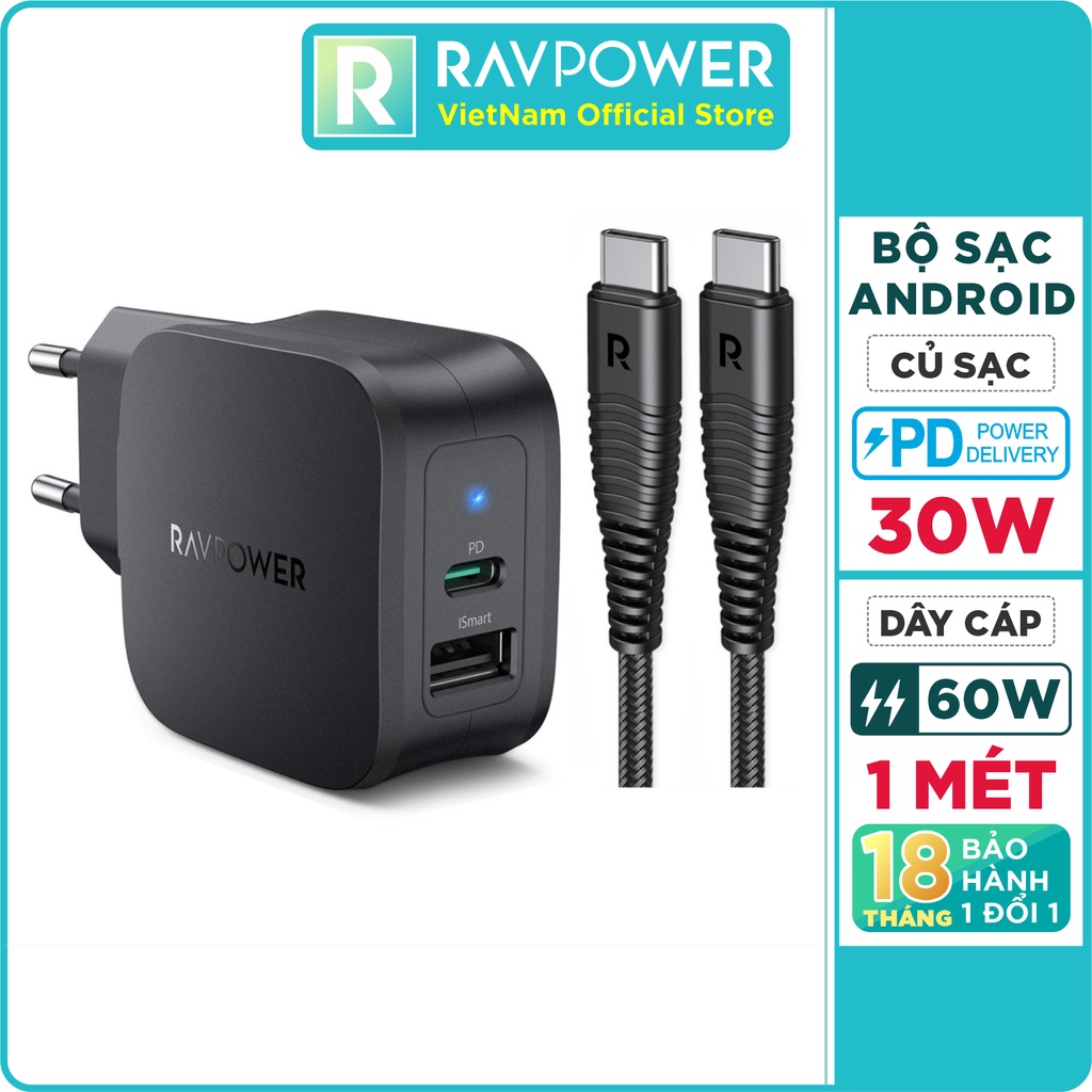 Combo Củ Sạc Nhanh 30W RAVPower PD 3.0 QC 3.0 18W RP-PC132 và Cáp Type C to C 1m 60W RP-CB047 - Hàng Chính Hãng