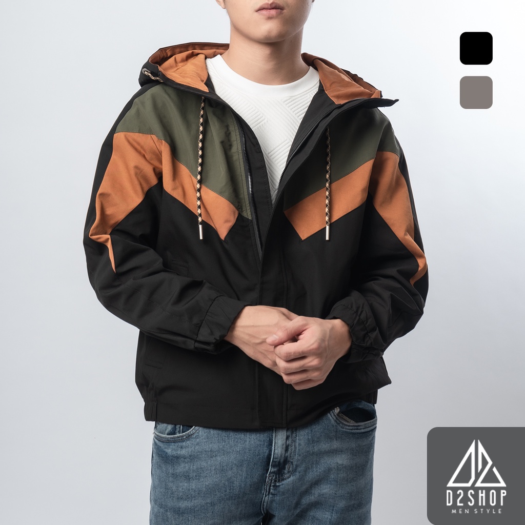 Áo khoác nam D2shop, áo khoác dù nón trùm phối ngực, vải dù, màu đen,xám [K-22192]