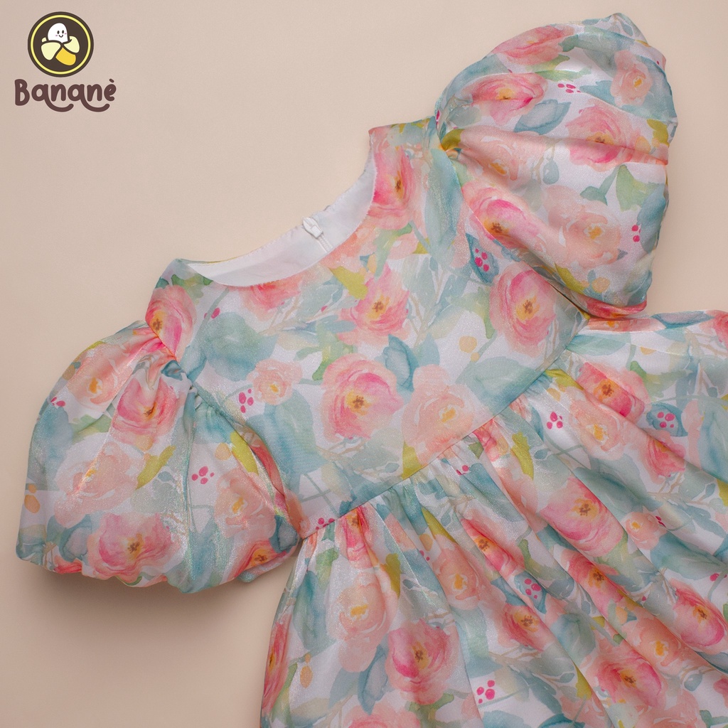 Váy bé gái voan ánh kim tay phồng 2 lớp Bananè Kids đầm công chúa thắt nơ lưng - D06H