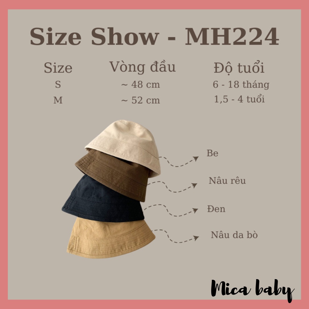 Mũ bucket trẻ em, mũ vành rộng màu trơn kiểu dáng Hàn Quốc đáng yêu cho bé MH224 Mica baby