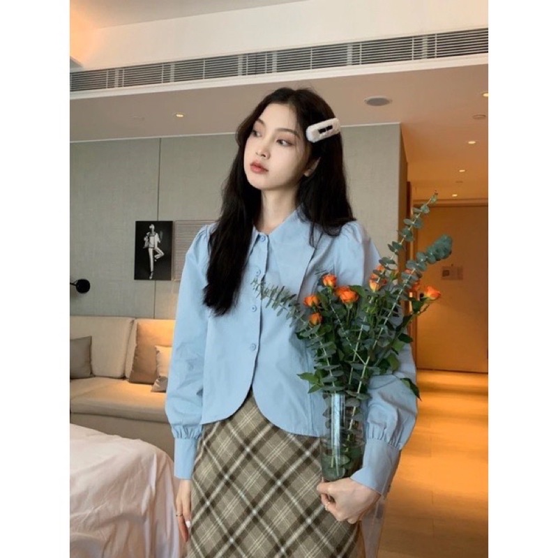 Áo sơ mi nữ kiểu, áo sơ mi croptop tay dài cổ sen chất kaki thô Thời Trang B.Y Tea Clothing