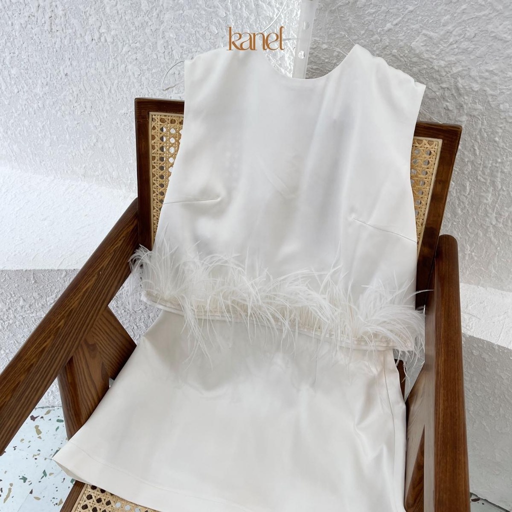 Set váy áo KANEL chân váy chữ A, áo sát nách nữ phối lông chân áo - S1592, áo sơ mi nữ sát nách 3 màu đen trắng ghi