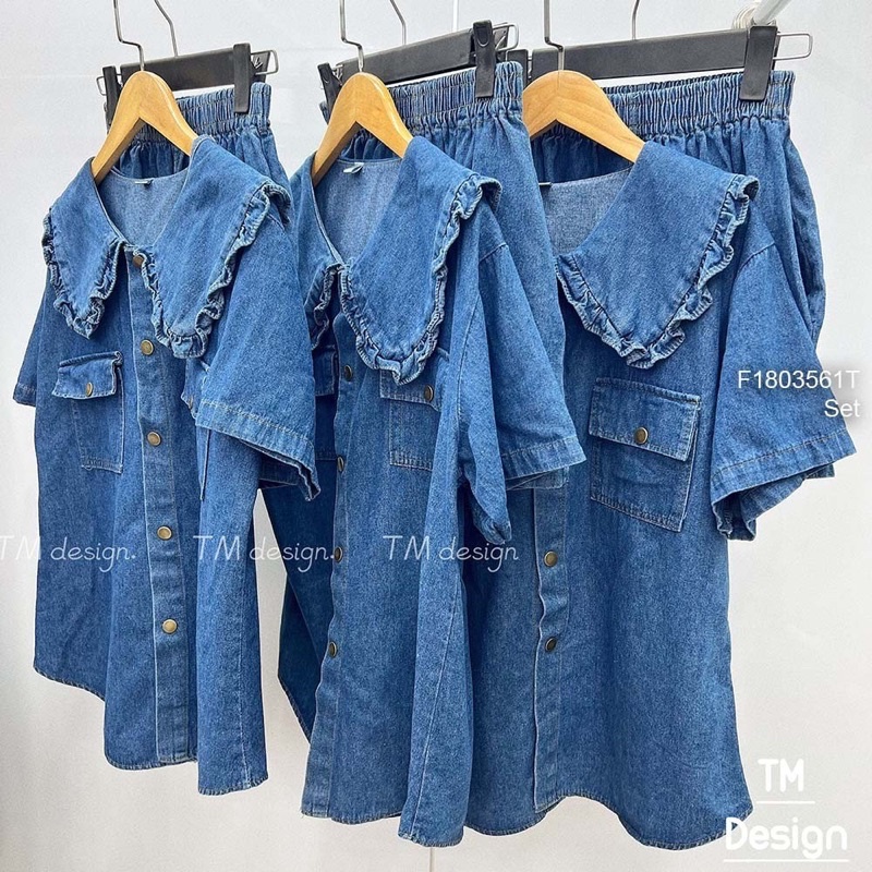 Set jean hoạ tiết gấu áo hai nắp túi kèm quần [ Kèm hình thật]