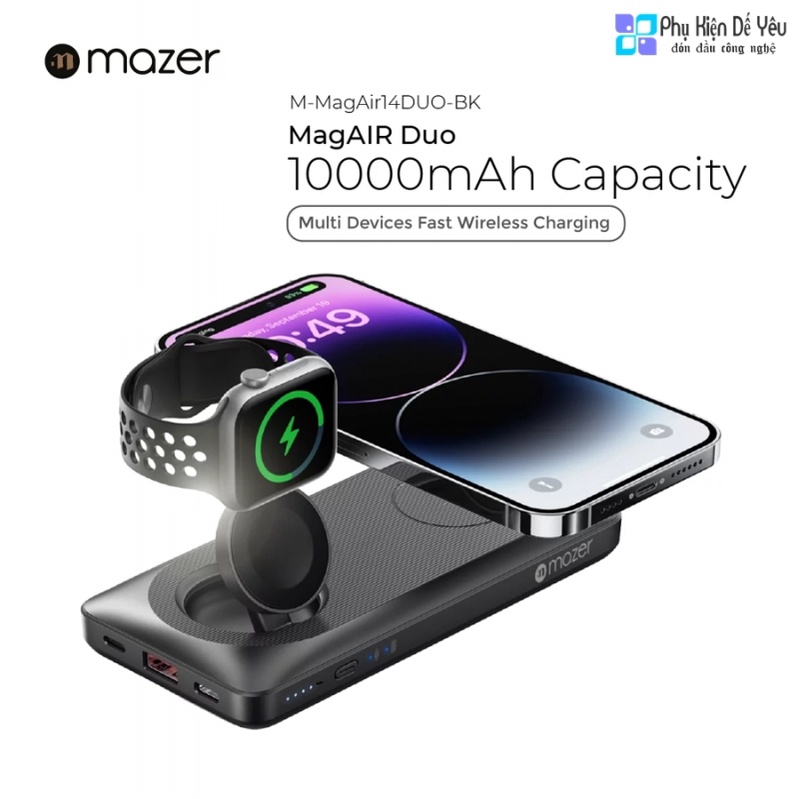 Pin sạc dự phòng không dây Mazer MagAir14 DUO Mag.S.a.f.e 15W + Sạc A,p.p.le Watch - 10.000mAh