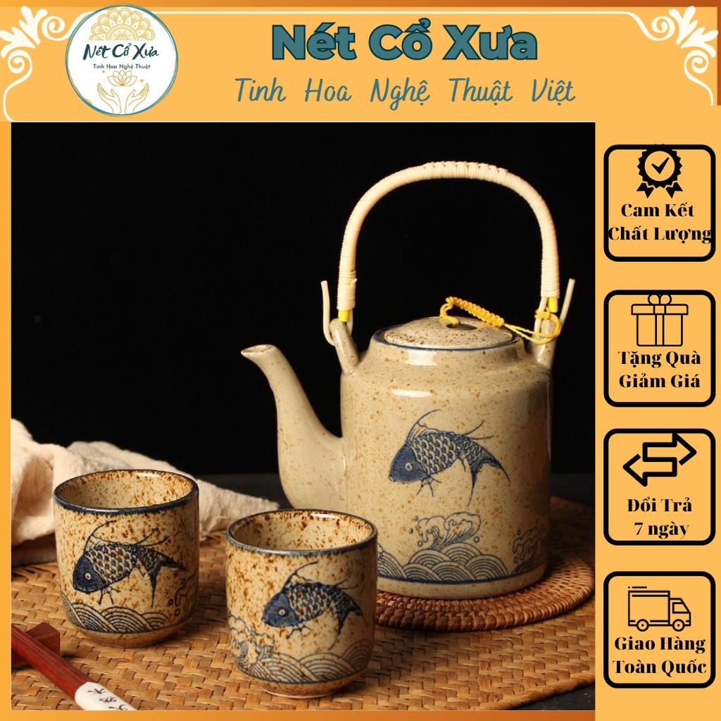 Bộ Ấm Cá Chép hàng Nhật Bản Làm Từ Men Gốm Rạn Cao Cấp mang nét Cổ Xưa