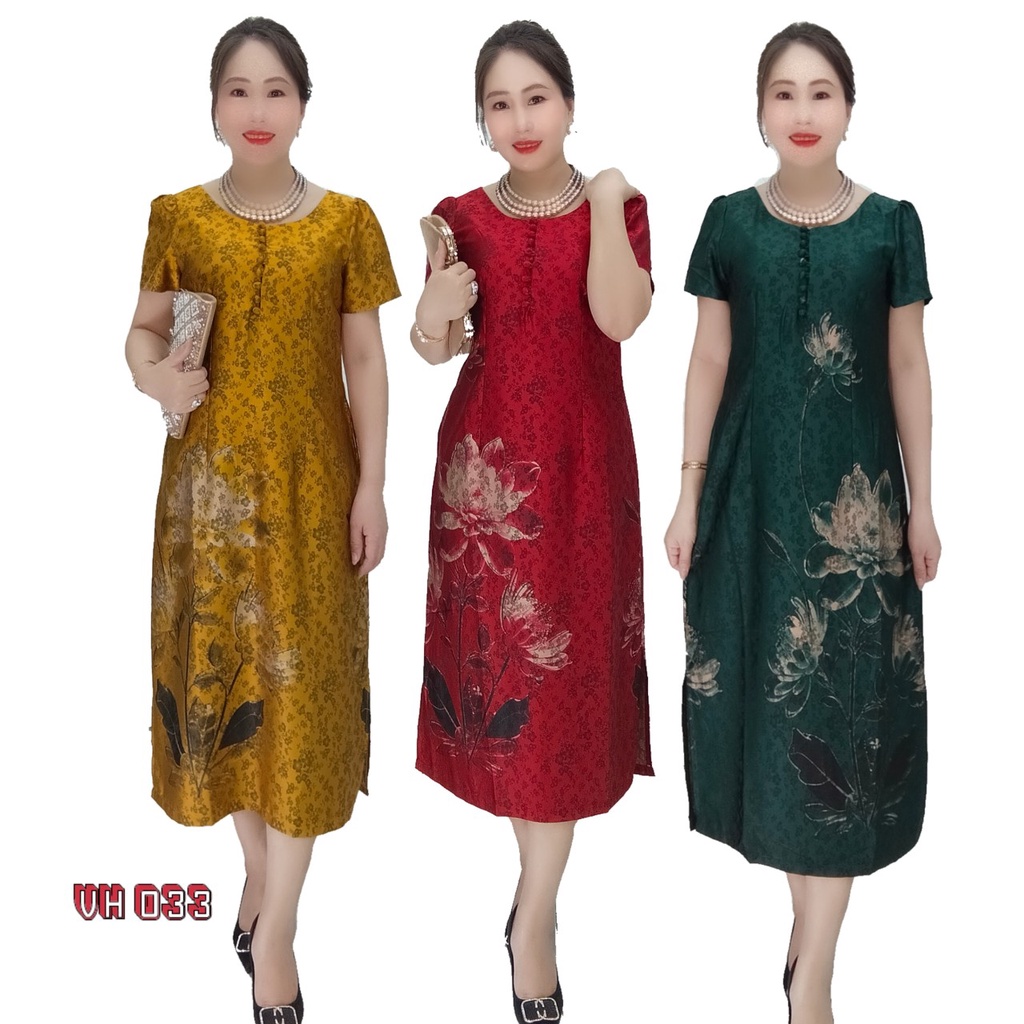 Váy Đầm trung niên chất liệu lụa Gấm in hoa 3D cao cấp, Fom dáng A vữa , che khuyết điểm bụng ,sang chảnh lịch lãm