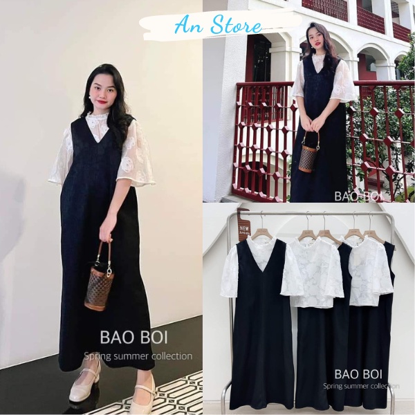 Set áo sơ mi voan tơ và váy yếm đen, đầm dáng dài, hàng đẹp thiết kế, freesize dưới 55kg