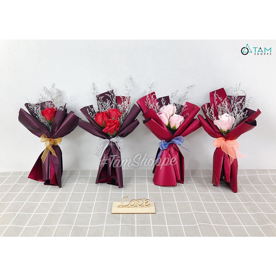 Bó hoa hồng sáp kiểu hoa cưới 1-3 bông [ Tặng sticker tùy chọn ]