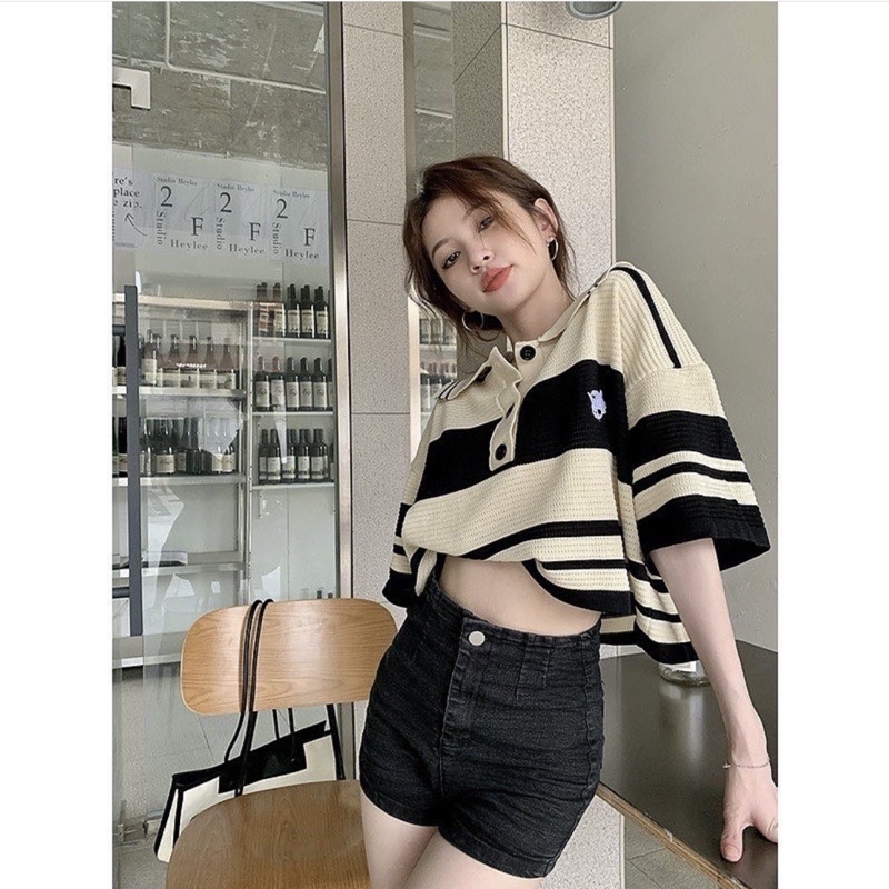 Áo croptop polo thêu logo (ảnh thật/ có sẵn)