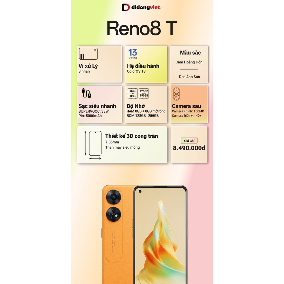 Điện thoại Oppo Reno 8T 4G Chính hãng - Camera 100MP, chipset Helio G99, Sạc nhanh SUPERVOOC 33W, màn hình AMOLED 6.4"