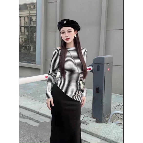 Dầm body áo lệch vai tay dài kèm CV ôm dài siêu dễ thương - Free size dưới 54kg