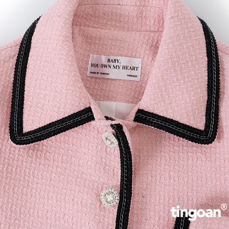 TINGOAN - Áo khoác tweed hồng cổ bẻ bện xích viền áo tingoan CRYSTAL LADY JACKET/PK (Freesize)
