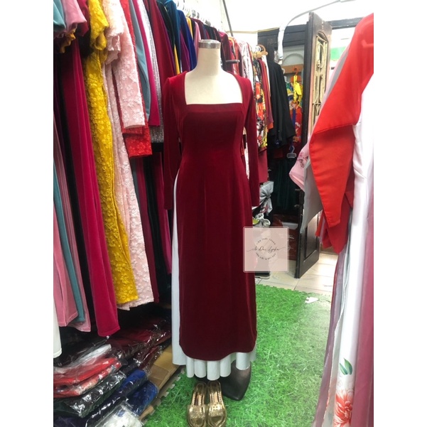 N03-Áo dài Nhung cổ vuông kèm ảnh thật/ Áo dài Lynka88