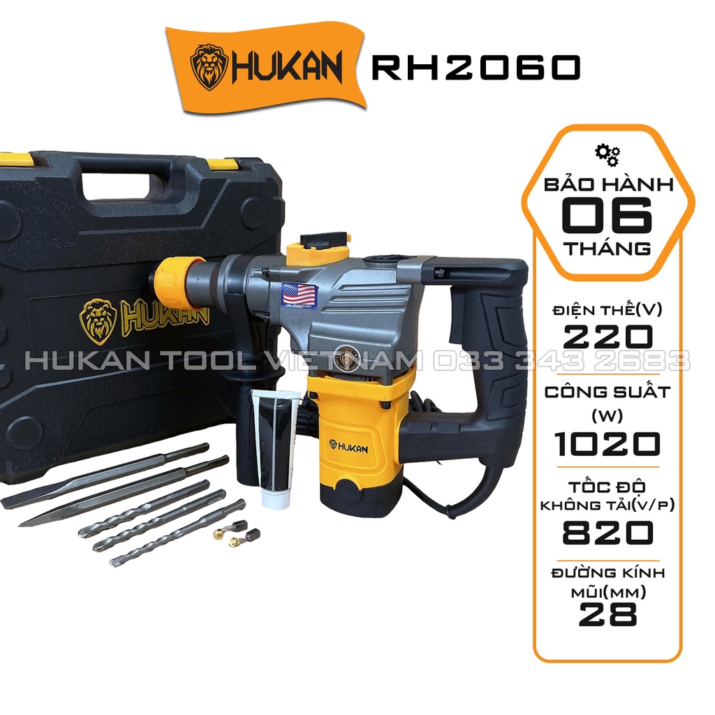 Máy khoan đục bê tông HUKAN RH2060, Tặng 5 Mũi khoan đục, Dây đồng nguyên chất siêu mạnh mẽ và bền bỉ