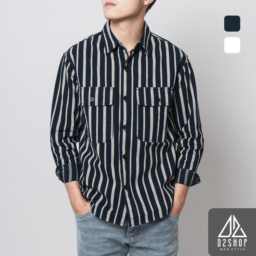 Áo sơ mi nam D2shop, áo sơ mi nam dài tay, vải nhung, túi hộp, kẻ sọc nhỏ, sọc xanh [SM-2139]