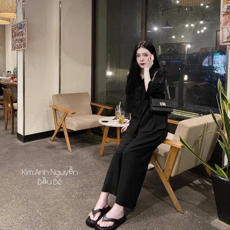 Set Bộ Xốp Nhăn Mềm Quần Ống Suông Tông Màu Tối Giản Mã CH1