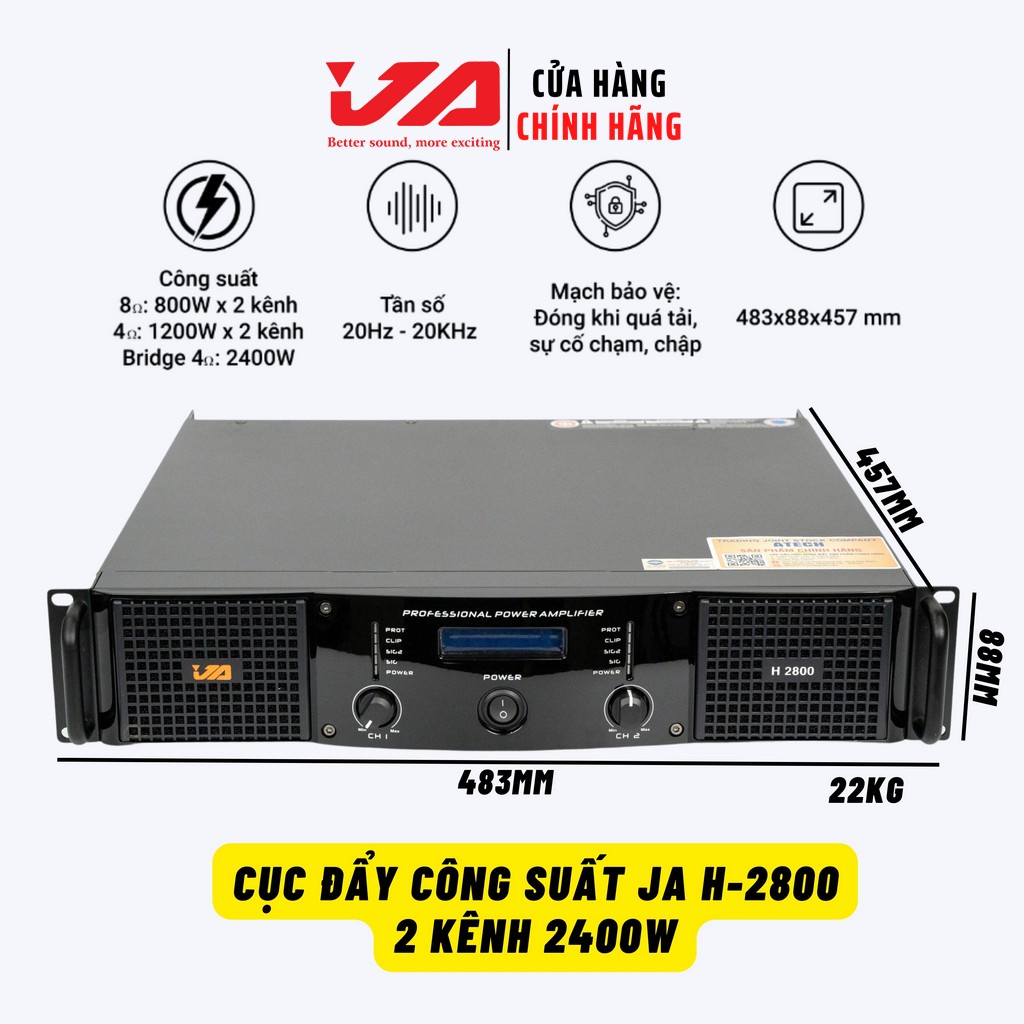 Cục Đẩy Công Suất 2 Kênh JA H-2800 2400W Chính Hãng-Cục Đẩy 2 Kênh Karaoke Gia Đình-Sự Kiện,Tặng 10M Dây Loa-JA Audio