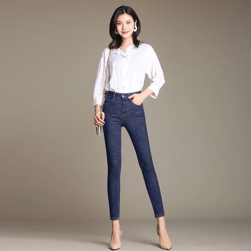 Quần jeans nữ lưng cao có 4 túi, Quần bò cạp cao skinny trơn