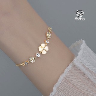 Lắc tay bạc rút cỏ bốn lá màu vàng, vòng bạc đeo cao cấp cho nữ may mắn