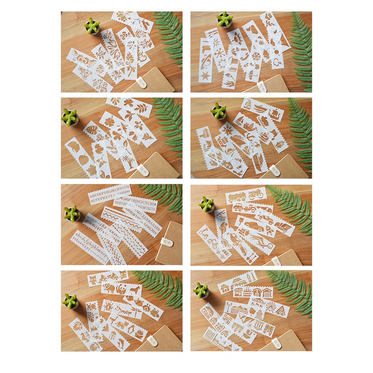 Set 8 Thước Vẽ Hình Trang Trí , khuôn rỗng tập vẽ, thước rỗng vẽ trang trang trí