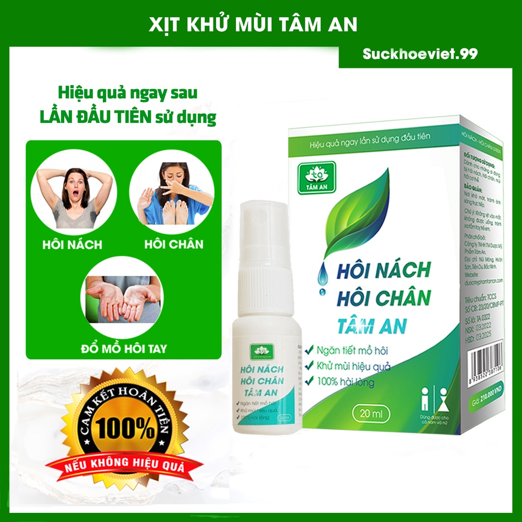 Xịt khử mùi hôi nách, khử mùi hôi chân Tâm An. Cam kết hoàn tiền nếu không hiệu quả, K màu, k mùi 100% TP thiên nhiên