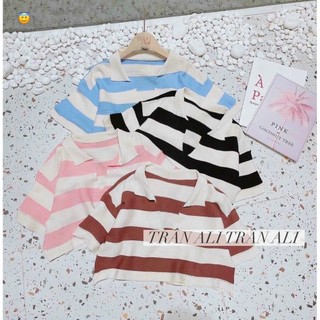Áo len cổ v bẻ xinh kẻ sọc ngang croptop suông