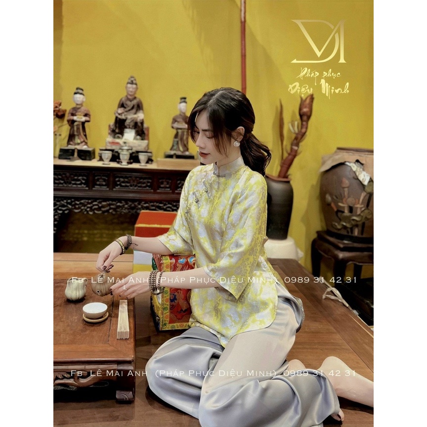 Bộ Đi Lễ Chùa, Pháp Phục Nữ Tơ Tằm Cổ Tàu Cúc Chéo Cao Cấp 4 Màu