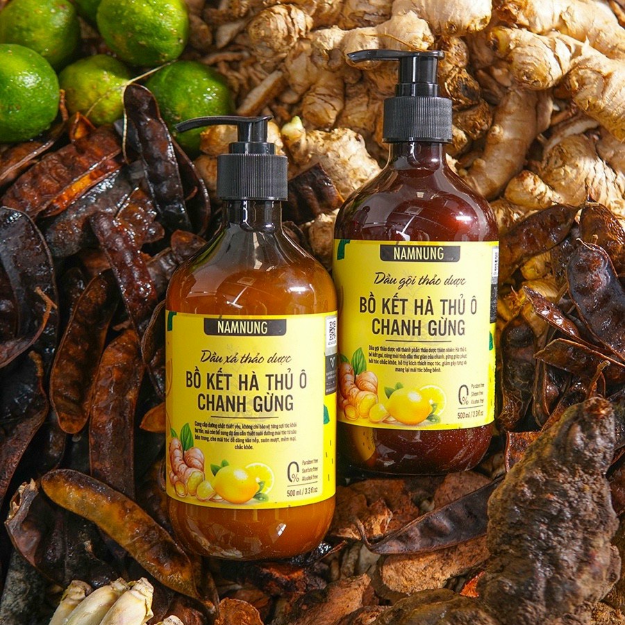 Bộ đôi gội xả thảo dược BỒ KẾT HÀ THỦ Ô CHANH GỪNG -ngăn ngừa gàu giúp tóc chắc khỏe, suôn mượt 500m