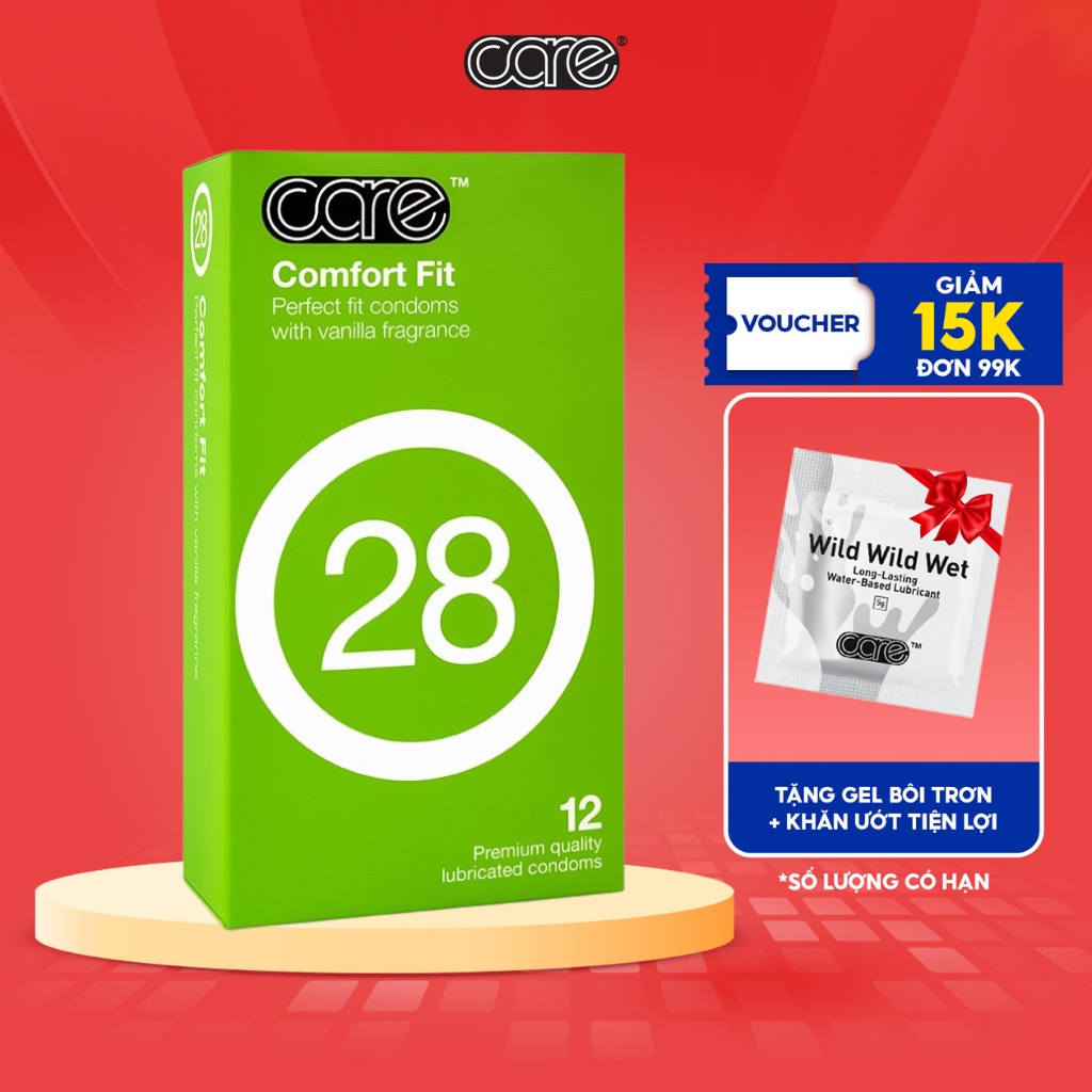 Bao cao su CARE 28 mỏng trơn truyền thống, tăng cường gel, hương vani giúp kéo dài thời gian - hộp 12 bcs