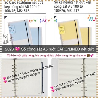 KLONG - Sổ binder còng sắt nét đứt kẹp còng sắt A5 - chọn ruột Lined hoặc Caro (6x6)mm 100/76; MS: 516 / 517🐻🌸