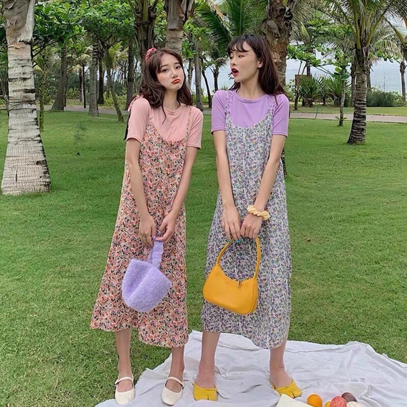 Set váy 2 dây hoa nhí dáng dài kèm áo thun nữ, set đầm dáng suông hoa nhí AS245