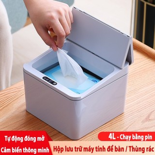 Thùng rác cảm ứng tự động thông minh thùng rác để bàn mini hộp lưu trữ đa chức năng-cảm ứng đóng mở tự động không chạm