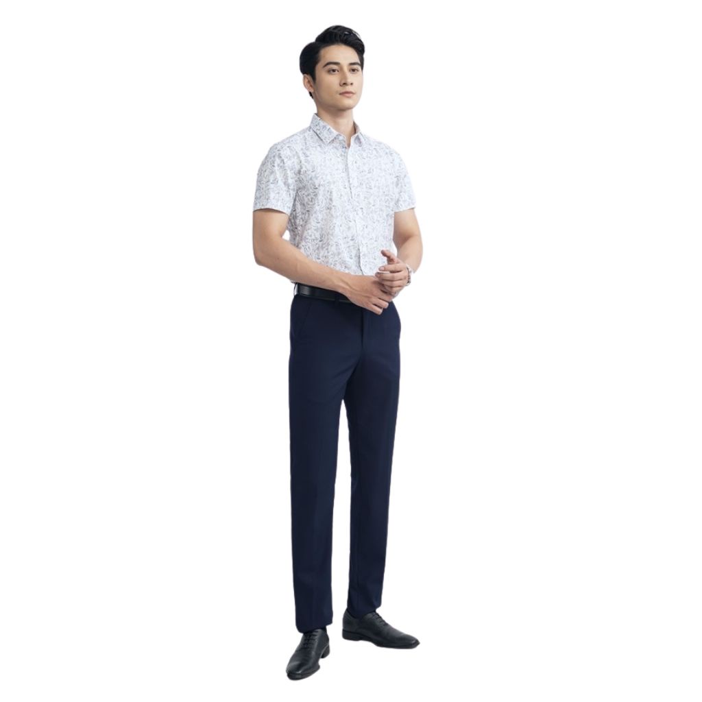 Áo sơ mi nam ngắn tay ARISTINO ASS054S3 công sở vải polyester cao cấp dáng ôm tà lượn không túi Trắng in họa tiết xanh