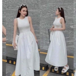 Đầm maxi ba lỗ thun phối dáng dài xòe bồng- váy xòe thiết kế dài màu trắng đi biển đi chơi hottrend 2023 hàn quốc