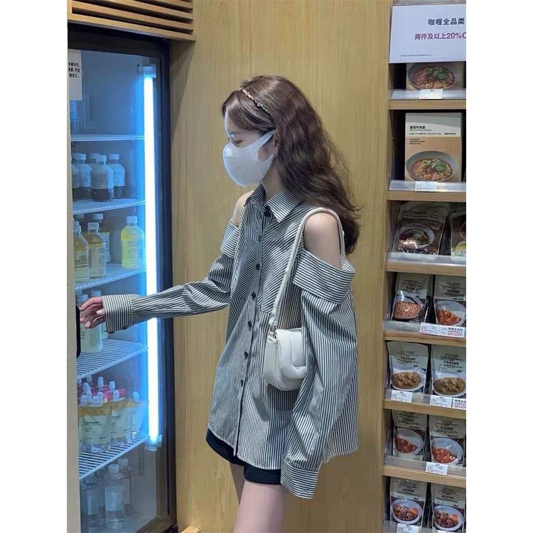 Áo Sơ Mi Tay Dài Nữ Lamo Design Áo SơMi Thiết Kế nữ Chất Liệu sọc Cotton mềm ít nhăn kiểu rách vai xinh xắn B999