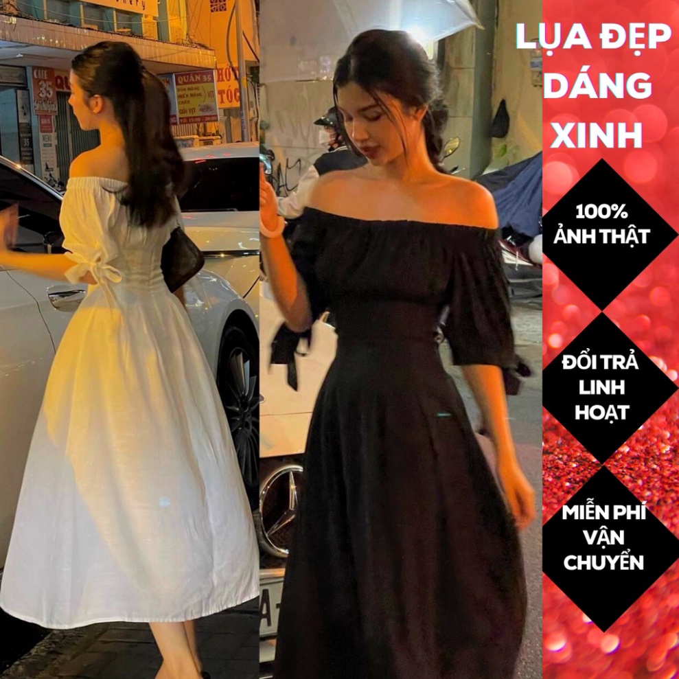 (Fom: <55kg)Đầm Midi Trễ Vai Tay Nơ Đẹp, Quá Sang Luôn, Mặc Đi Chơi Hay Tiệc Đều Form Đầm Sang Tôn Nhẹ Lên Dáng Như Tiểu