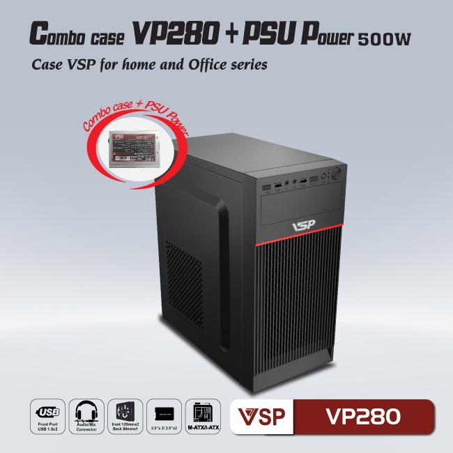 Combo Case văn phòng VP280 có sẵn nguồn 500W, Sơn Tĩn Điện, Thiết Kế Đẹp