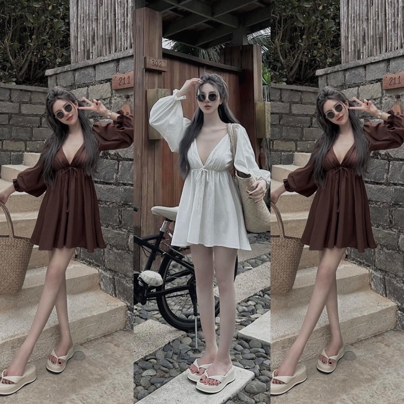 Váy Đũi Babydoll Cổ V 2 Màu